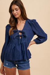 Annie Wear Women's Tie Front Peplum Long Sleeve Denim Top